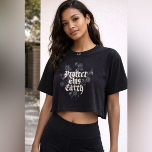 Under Armour Protect This Earth Black Cropped Graphic Tee Size S